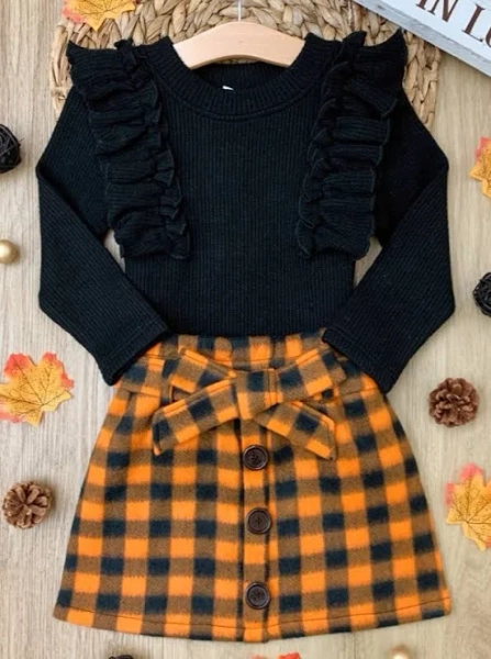 Mia Belle Girls Ruffled Top and Checkered Skirt Set