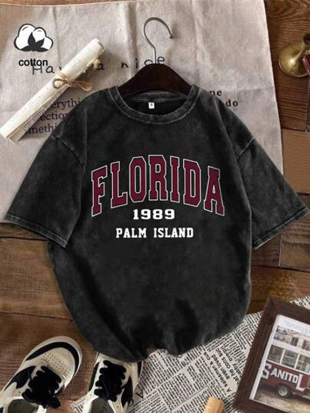 Es Trus, Cotton, Summer Women's Fun Print Hip-Hop "Florida Letters" Personalized Pattern Print Street, Korean Version Comfortable Retro Fashion Commuting Versatile Y2k Clothing Women's Clothing, Suitable For Outdoor Leisure, Regular Niche Punk Style Black Well-Fitting Round Neck Short-Sleeved Washed T-Shirt