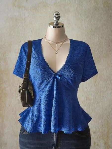 SHEIN ICON Plus Size Blue V-Neck Floral Lace Trim Babydoll Knit Top