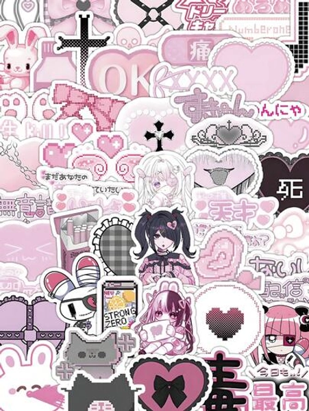 103 PCS Y2K Pink Anime Stickers, Sweet Edgy Dark Kawaii With Hearts, Cartoon Characters & Japanese Text, Aesthetic Vinyl Decals For Journal, Skateboard, Tech Devices Decor