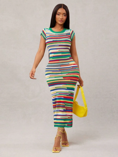 Multi-color rainbow-striped knitted round-neck short-sleeved dress, suitable for various daily outfits, elegant and casual women - AliExpress 200000345