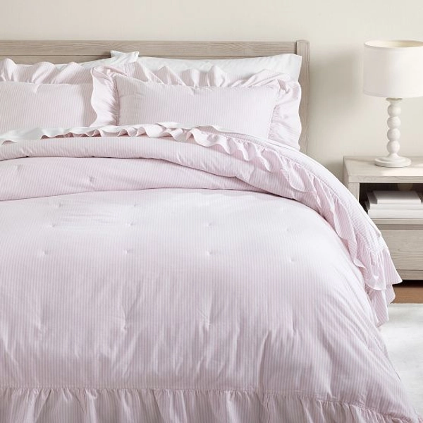 Washed Cotton Ruffle Stripe Comforter - Powdered Blush