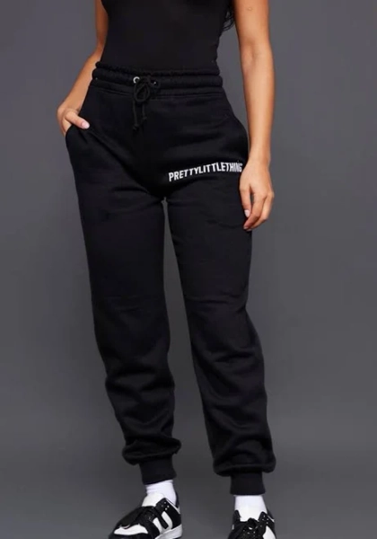 Women's Prettylittlethings Black Logo High Waisted Cuffed Sweatpants