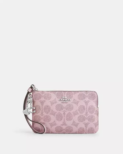Silver Boxed Corner Zip Wristlet In Signature Canvas With Charms