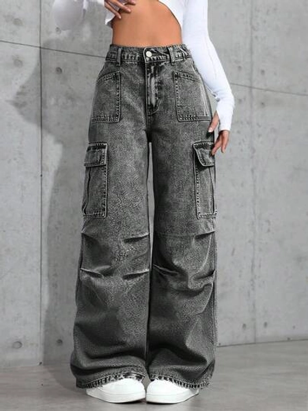 Teen Girls Y2K Punk Streetwear Casual Washed Low Rised Jeans Flap Pocket PLeated Wide-Leg Cargo Wide Leg Jeans Pants,Halloween Clothes Girl,Christmas Clothes,Girls Fall Winter Clothes Back To School Homecoming Outfits,Autumn Clothes