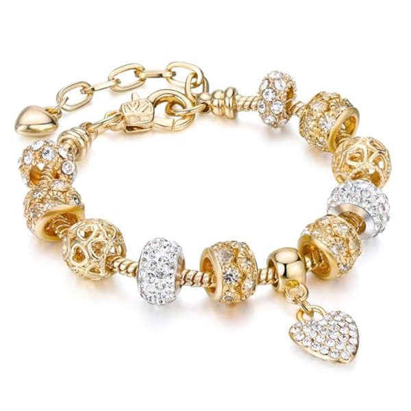 Leprato Gold Plated Heart Charm Bracelet Glass Crystal Beaded Bracelet Stunning Jewelry Gifts for Women