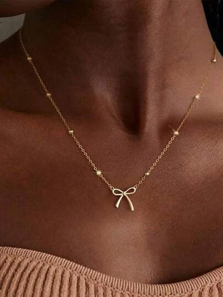 1pc Gold Bowknot Pendant Necklace - Stainless Steel Bead Chain For Women Girls, Minimalist Cute Dainty Jewelry, Fashion Versatile Elegant Layering Necklace, High-End Daily Wear Accessory For Dates, Perfect Birthday Holiday Gift