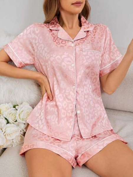 SHEIN Women's Jacquard Collar Short Sleeve Shirt & Shorts Pajama Set, Suitable For Summer