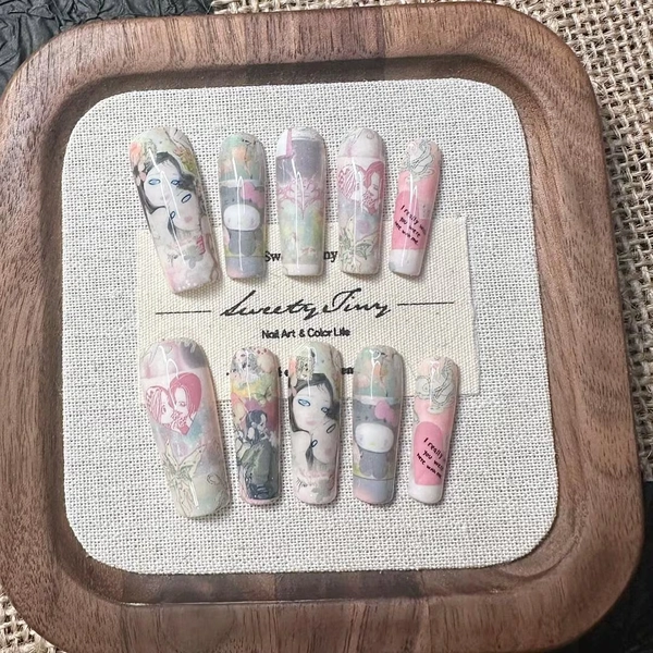 Y2k Dreamcore Nails – Y2k Inspired Press-on Set, Vintage Illustrations, Pastel Color/vaporwave, Dreamy Anime Style Girl Nail, Unique Design - Etsy