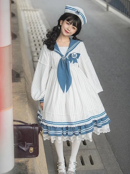 [£73.07]Navy Style Blue & White Lolita One-Piece Dress with Stripe Pattern