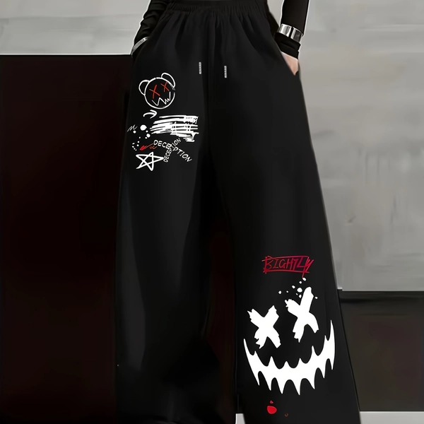 Women's Casual Hip-Hop / Graffiti Joyful Face English Print Athletic Joggers, Drawstring Straight-Leg Athletic Pants, Jogging Pants