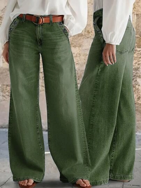 New Women's Loose Fit Wide Leg Casual Washed Denim Jeans - Green, High Quality Jeans