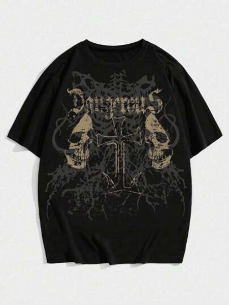 ROMWE MEN Men Gothic-Style Skull And Cross Printed Loose T-Shirt For Halloween, 2000s Style