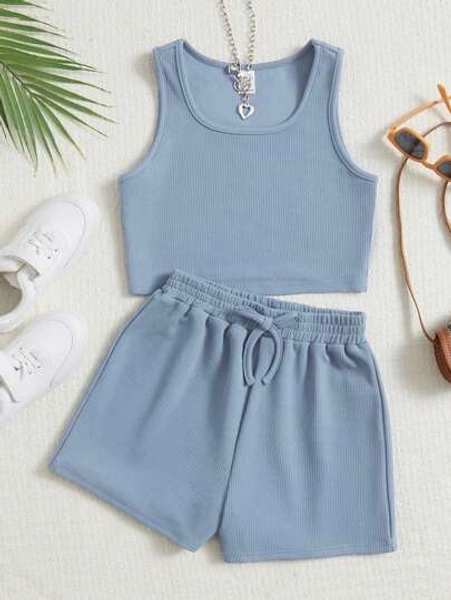 SHEIN Tween Girl Solid Tank Top & Knot Waist Shorts Summer Outfits