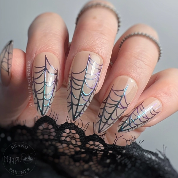 Press on nails, Halloween nails, colour shift chrome, spiderweb nails, gothic nails, witchy nails, cobweb nails, web nails, spooky nails