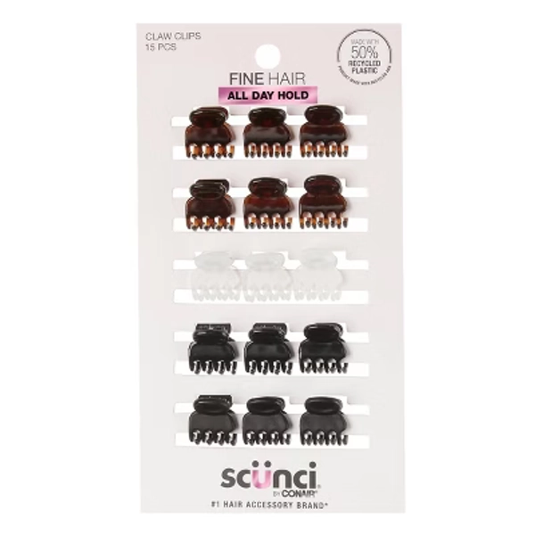 scünci No-Slip Grip Recycled Mini Claw Clips - Mixed Finish - Black/Brown/Clear - Fine Hair - 15pcs