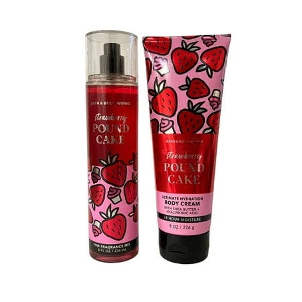 Bath and Body Works Strawberry Pound Cake Fine Fragrance Mist Set and Body Cream Set