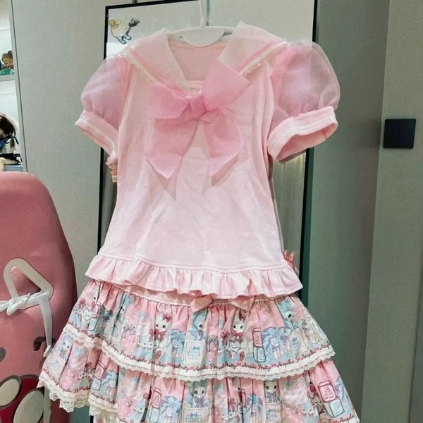 Y2k Japanese Style Kawaii Bow Lace Sailor Collar Short Sleeve T Shirts 2000s Summer Sweet Harajuku Vintage Tees Lolita Tops Chic - AliExpress 200000345