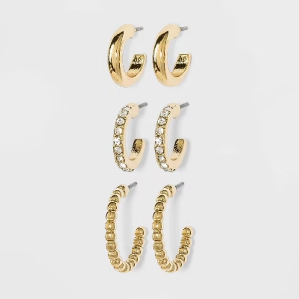 Gem and Ridged Hoop Earring Set 3pc - A New Day™ Gold: Nickel-Free Metal, Post Closure