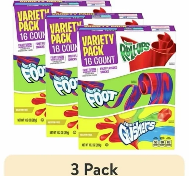 (3 pack) Fruit Roll-Ups, Fruit by the Foot, Gushers, Snacks Variety Pack, 16 Ct, 10.2 oz, Size: 10.200 oz