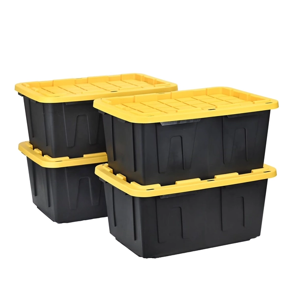 4 Pack Member's Mark 27 Gallon Heavy-Duty Black and Yellow Storage Tote, 20.6" D x 30.6" W x 14.3" H