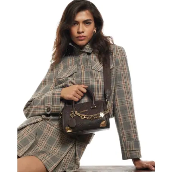 Brown Embossed Metal Corner Bowler Bag
