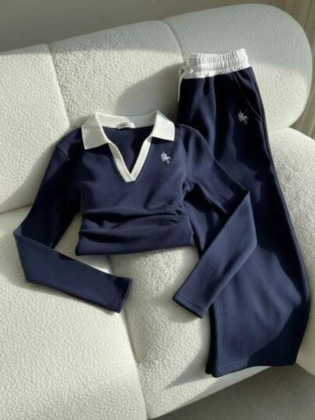 Teen Girl Knight Print Contrast Color Ruffle Collar T-Shirt And Wide Leg Pants Casual Outfit