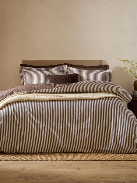 Yard Chocolate Brown Hebden Striped Cotton Duvet Cover and Pillowcase Set