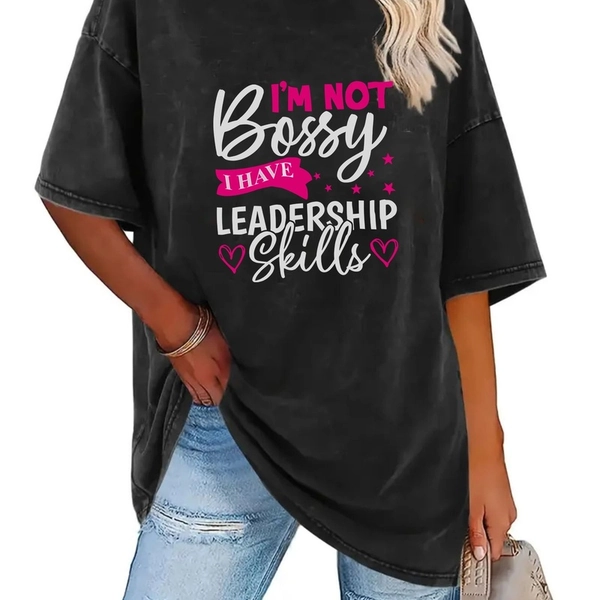Women's Oversized 230g Heavyweight T-Shirt - Retro Leadership Slogan Print (Leadership Skills & Bossy Slogan), Pink & White Short Sleeve Round Neck Casual Workwear Top, Machine Washable Loose Fit Brown Shirt