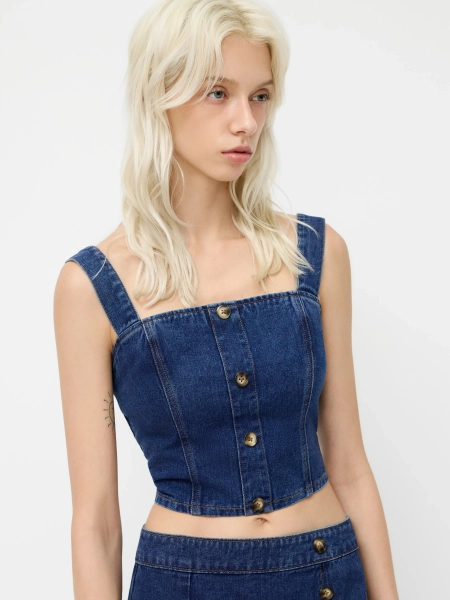 Denim Square Neck Button Shirred Crop Tank Top