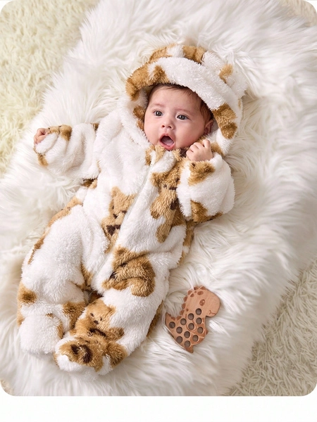 SHEIN Newborn Baby Boy/Girl Cute Warm Hooded Plush Cartoon Design Jumpsuit, Autumn/Winter