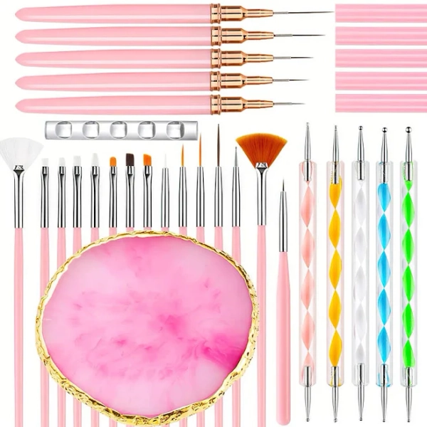 27-Piece DIY Nail Art Brush Tool Set, Includes 15 Nail Brushes, 5 Dual-Head Drill Pens, 5 Nail Line Brushes, Resin Palette, Acrylic Pen Holder