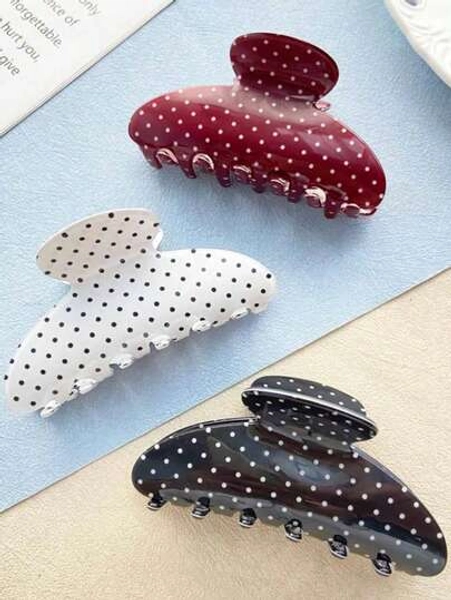 3pcs Women's Polka Dot Semi-Circle Hair Clips Set, Minimalist Fashionable Casual Cute Acrylic Material Black & White Dotted Semi-Circle Hair Clips Combo, Suitable For Daily Commute Outfit Matching, Bun Hairstyle Fixing, Non-Damaging Hair Accessories Fall Claw Clip Elegant Hair Claw Autumn Hair Clutch Winter Accessories For Vacation Outfits Woman