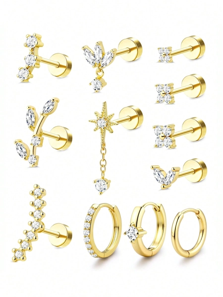 12pcs/Set Women's Cartilage Earrings, Flat Back Stainless Steel Stud Earrings Set, Suitable For Helix, Tragus, Conch And Other Piercing Areas