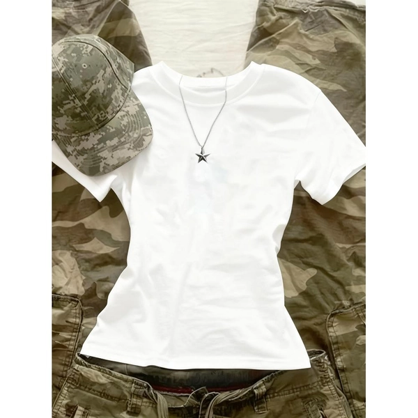 00008 - White, Black, Blue, Yellow, Gray, Pink, Red, Navy Blue, Short Sleeve, Round Neck Casual Slim Fit T-Shirt for Women, Youthful Energy, Spring And Summer Season - LDH