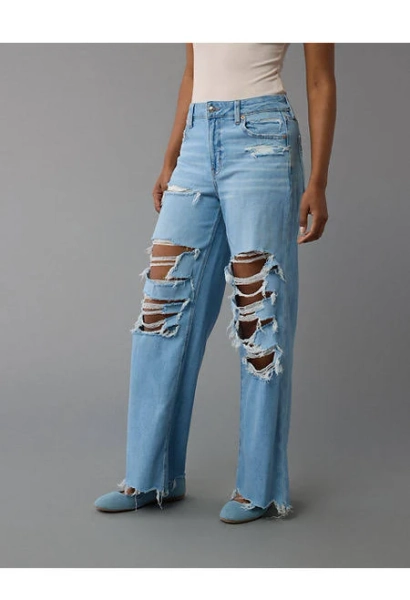 AE Dreamy Drape Stretch Ripped Super High-Waisted Baggy Wide-Leg Jean