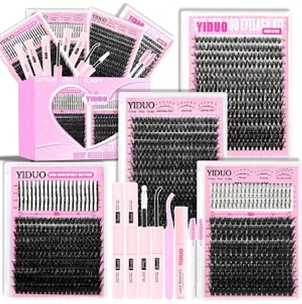 YIDUO Lash Clusters Kit 40D+60D+80D+100D+Spikes+Bottom Fluffy Clusters Lashes Extensions Kit with 2X Bond and Seal 1100Pcs 8-18mm Wispy D Curly Manga