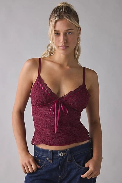 Kimchi Blue Clover Lace + Ribbon Trim Cropped Cami in Dark Red, Women's at Urban Outfitters