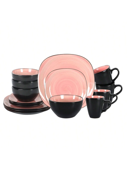 [Elegant Stoneware Dinnerware] 16pcs Elegant Square Spinwash Swirl Rose Stoneware Dinnerware Set For 4, Lead-Free & Scratch Resistant, Dishwasher & Microwave Safe, Includes Plates Bowls & Mug, Ideal For Holiday Entertaining, Daily Dining Use