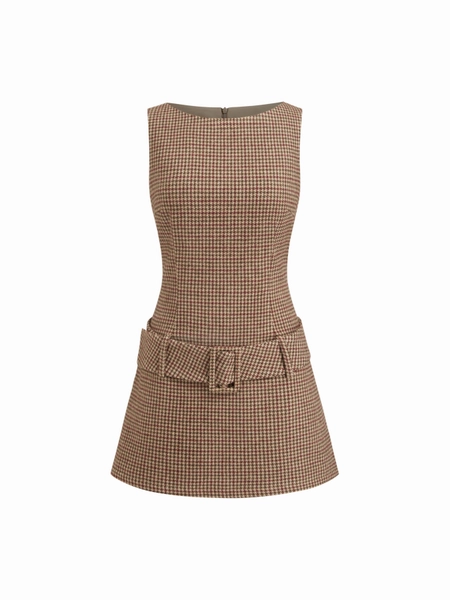 Woven Boat Neck Houndstooth Belted Mini Dress For Daily Casual Date