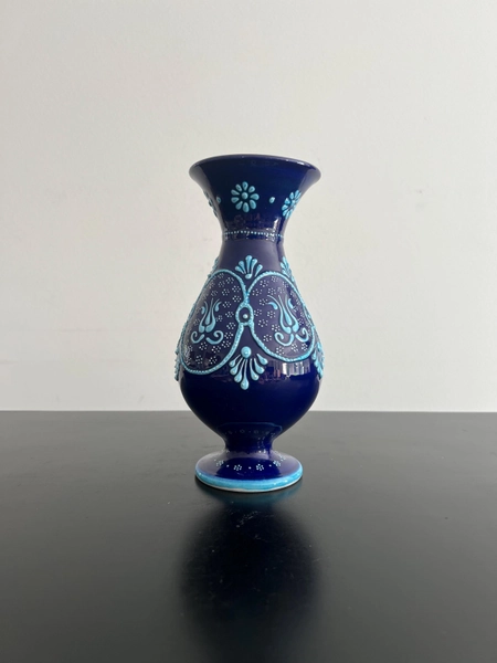 Vintage Turkish blue ceramic vase, folk art ethnic decor