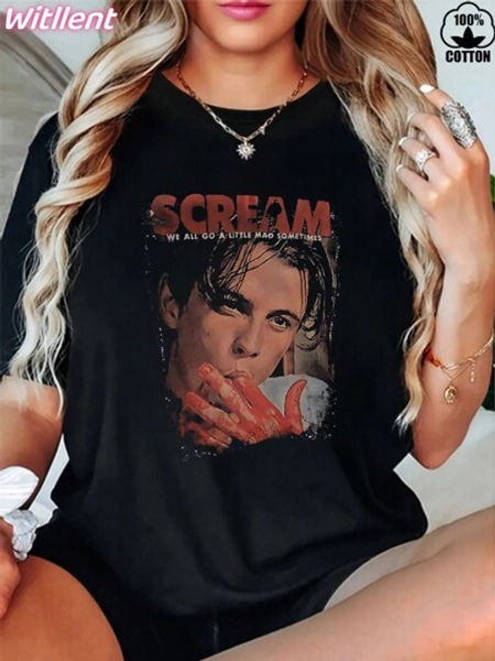 Witllent Women's 100% Cotton Scream Billy Women's T-Shirt, Women's Christmas 220g Heavy Cotton T-Shirt (1 PC)