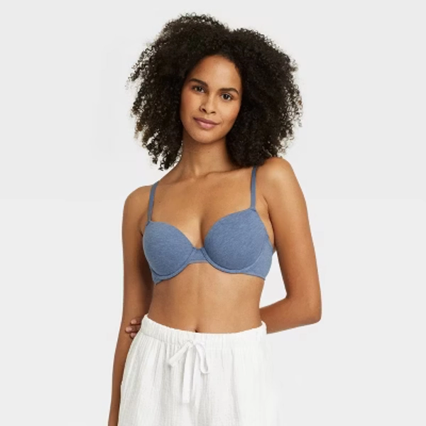 Women's Cotton Lightly Lined Demi T-Shirt Bra - Auden™ Navy Heather 32A: Adjustable Strap, Underwire, Molded Cup