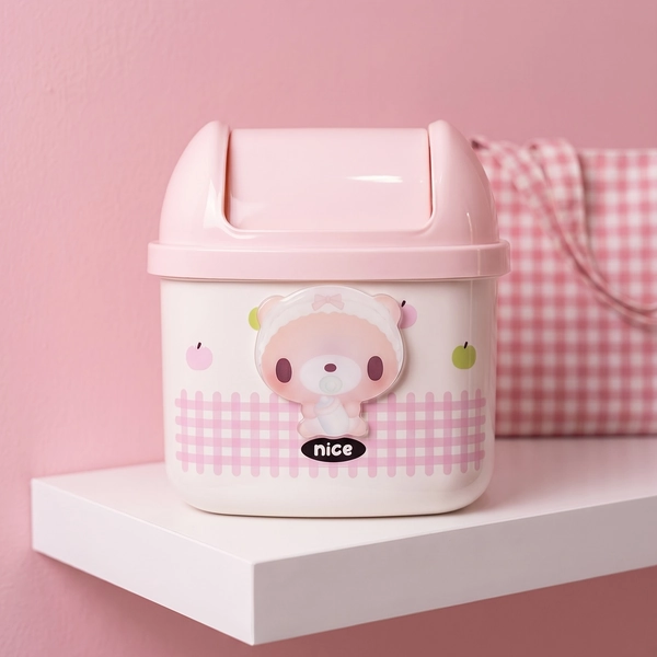 Cute Cartoon Gloomy Bear Desktop Trash Can with Lid, Mini Swing Top Waste Bin for Home Office Bedroom, Kawaii Pink Storage Bucket