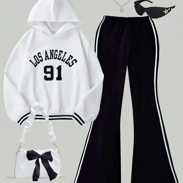 Kids girls trendy stuff Kids clothes girls girls outfit sets Young girls' Fashion Casual Cross-Stripe Letter Hoodie with Black Flared