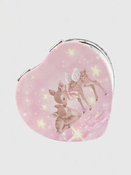 ROMWE Kawaii 1pc Pink Bowknot PU Heart Shaped Makeup Compact Mirror, Random Pattern