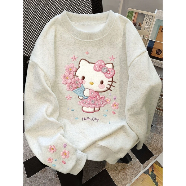 American Trend Sanrio New Embroidery-Style Pink Floral Sweet Hello Kitty Print Long Sleeve Round Neck Women's Sweatshirt, Unisex Vintage Casual Loose BF Lazy Style Versatile Fashion Top, Cozy Loungewear, Casual Wear, Retro Fashion, Cute Print