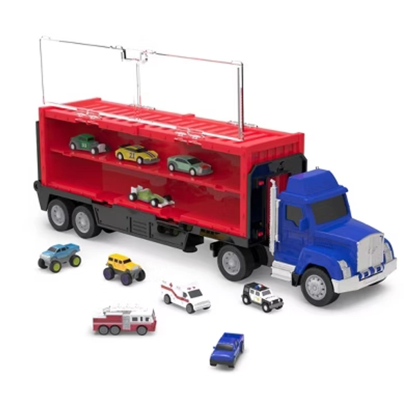 DRIVEN by Battat Carrier Truck with 10 Pocket Size Cars Toy Semi Truck 13pc Playset