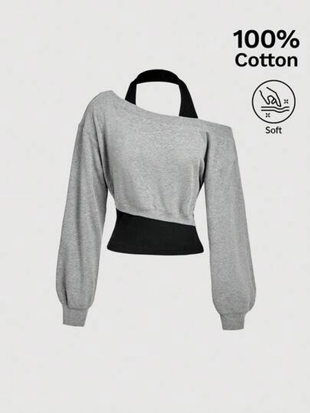 SHEIN MOD Women Asymmetrical Neck Grey 2 In 1 Sweatshirt In Fall/Winter