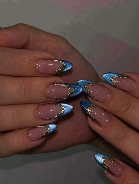 10pcs Handmade Nail Art Stickers, Short Nails, French Manicure, Shiny Cat Eye French Manicure, Pink Nails, Blue Nails, Gold Nails, Cute Nails, Minimalist Nails, Hand-Painted Gold French Manicure, Elegant & Cute Style, Suitable For Various Occasions, Comes With Nail Tools, Reusable Press-On Almond Nails. Nail Supplies Handmade Press On Nails